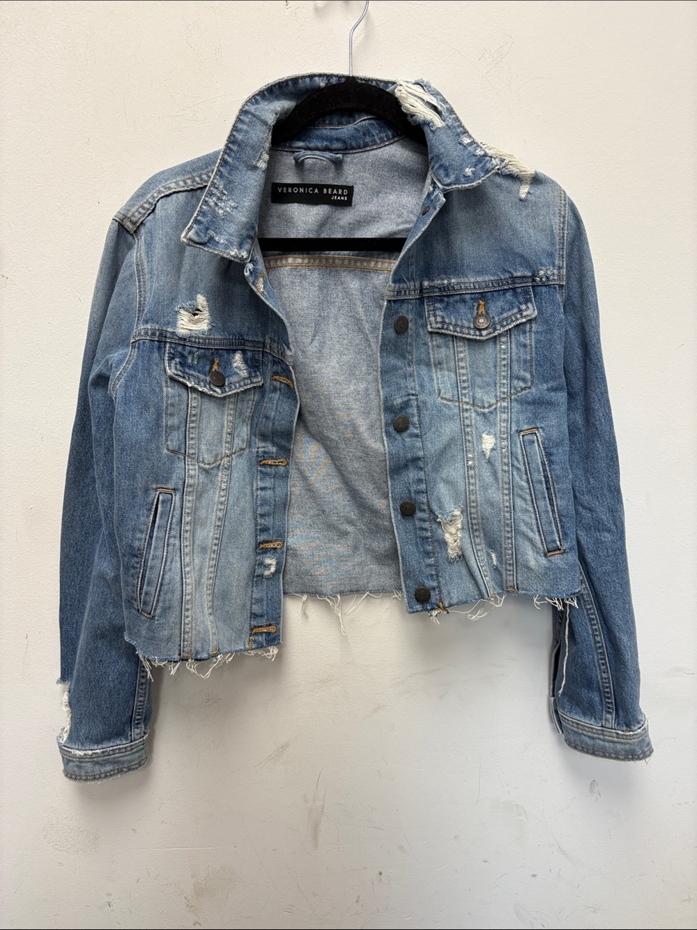 Veronica Beard Light Blue Distressed Cropped Denim Jacket